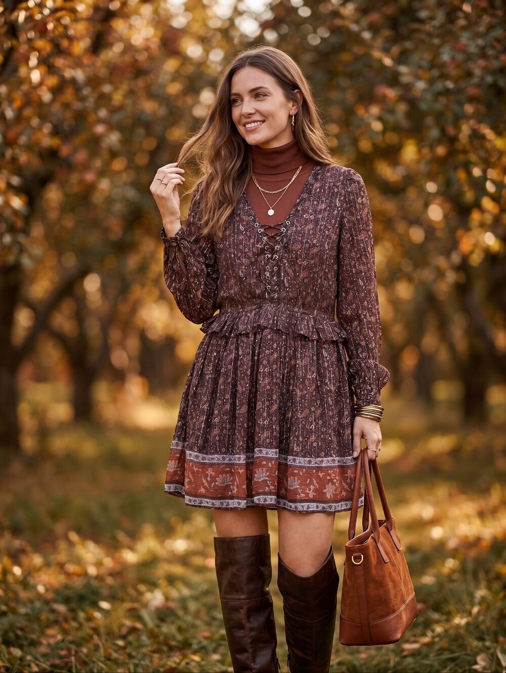 Whimsigoth Boho Lace Up Paisley Metallic Shimmer Tiered Peasant Mini Dress Fall